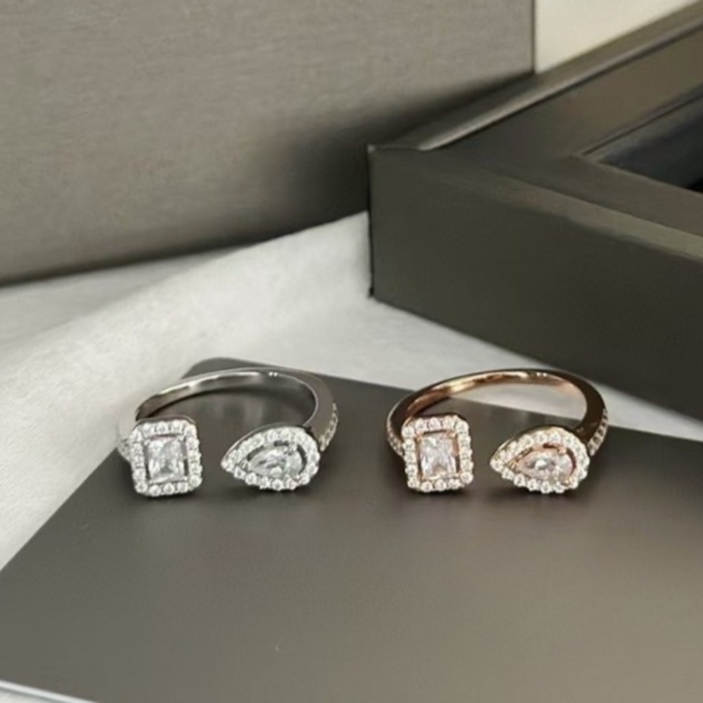 M Brand Designer Sweet Diamond Waterdrop Rings for Women in 18K Rose Gold with Full Diamonds Adjustable Opening Ring for Girls Luxury Jewelry Gift for Daily Outfit