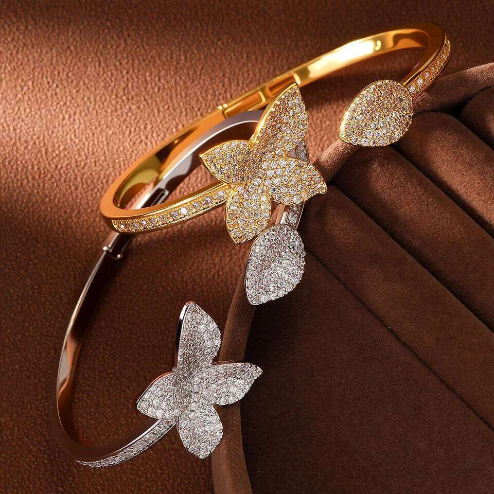 ZAKOL Graceful Leaves Both End of Open Bracelet for Women Elegant Bride Shiny Micro-set Zircon Engagement Wedding Jewelry