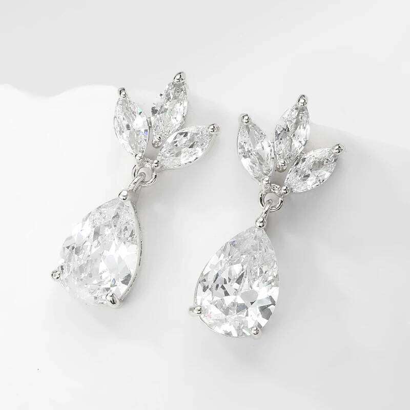 ZAKOL Luxury Leaf Water Drop Zircon Dangle Earrings for Women Gorgeous Silver Color Bridal Wedding Jewelry