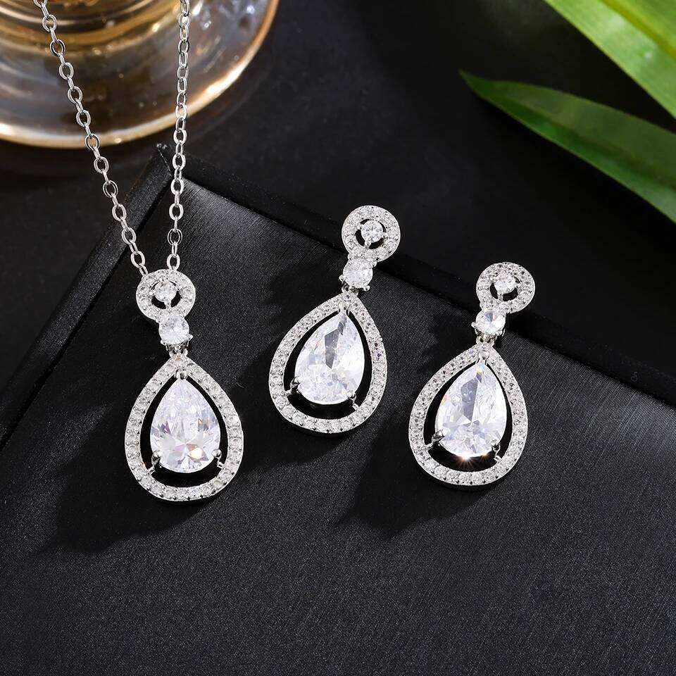 ZAKOL Brilliant AAA Cubic Zirconia Water Drop Earrings Necklace Set for Women Perfect Party Holiday Jewelry Gift