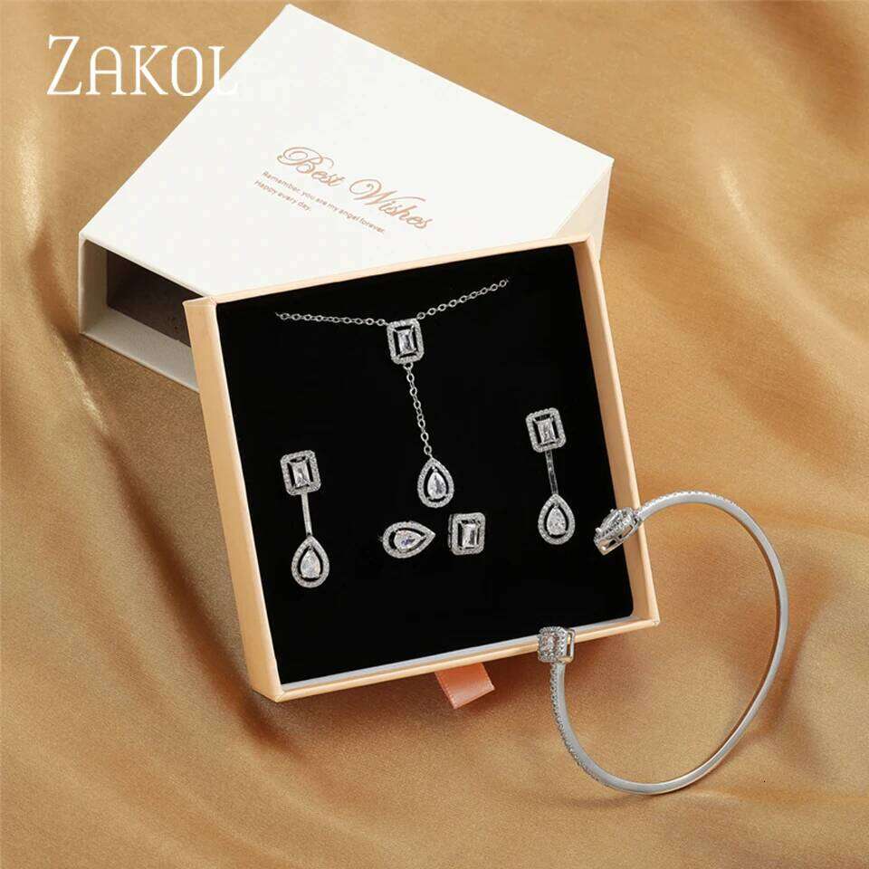 ZAKOL Brand Zircon Wedding Party 4pcs Jewelry Set With Box Shiny Silver Color CZ Engagement Accessories Gift For Women