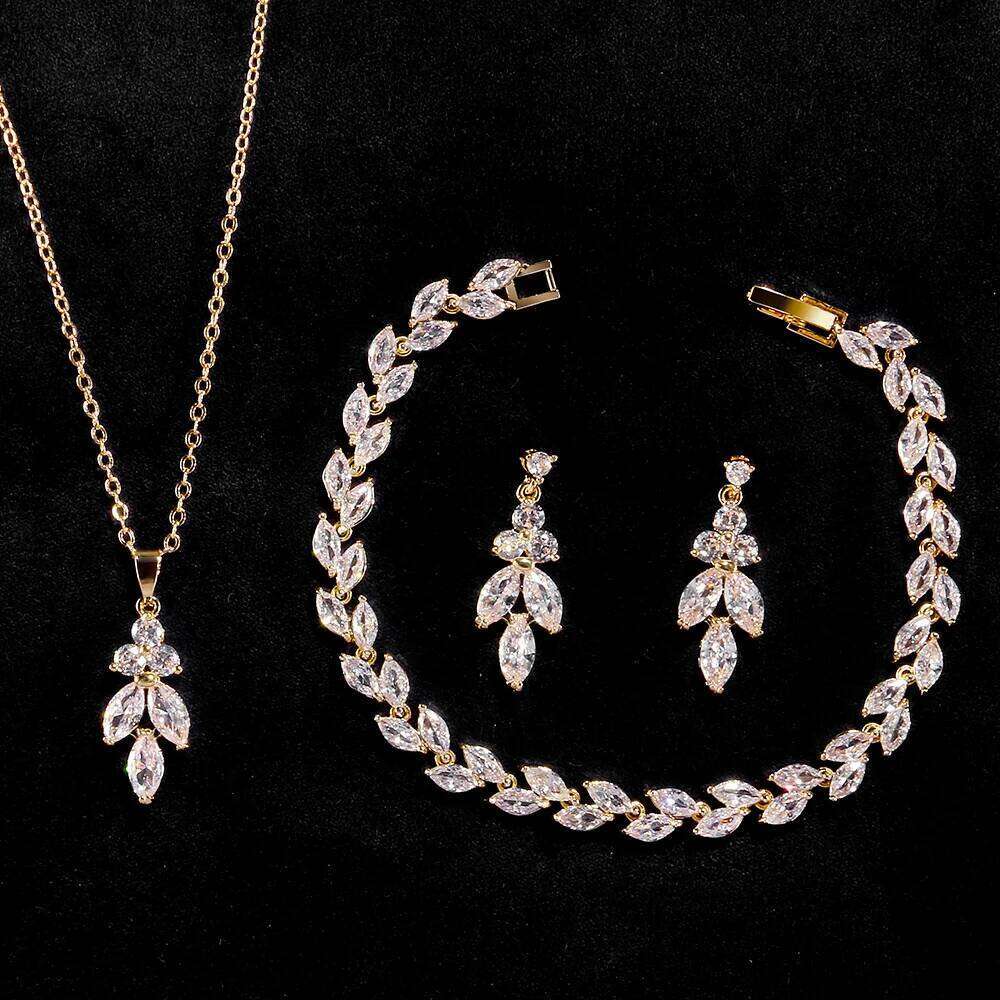 ZAKOL 3Pcs/Set Luxury Zirconia Leaf Bridal Wedding Jewelry Set Buling Clear Crystal Earring&Necklace&Bracelet Party Accessories