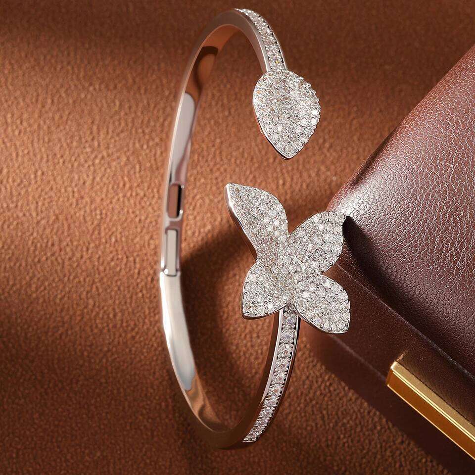 ZAKOL Graceful Leaves Both End of Open Bracelet for Women Elegant Bride Shiny Micro-set Zircon Engagement Wedding Jewelry