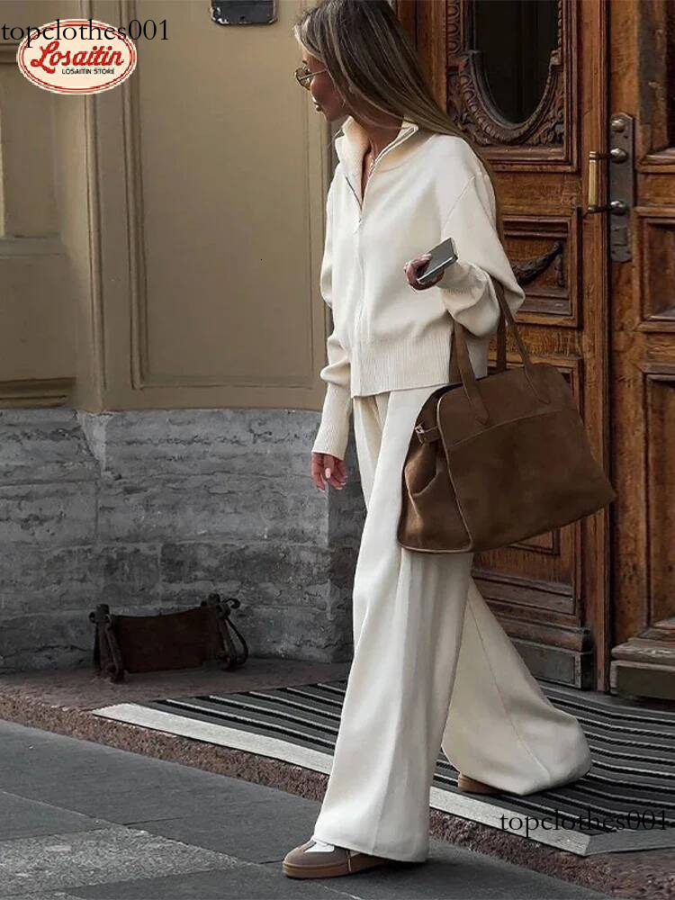 Light Blue Zipper Hoodie Top Suit Women Fashion Solid Knitted Full Sleeve Straight Leg Pants Set 2025 Office Commute Wear