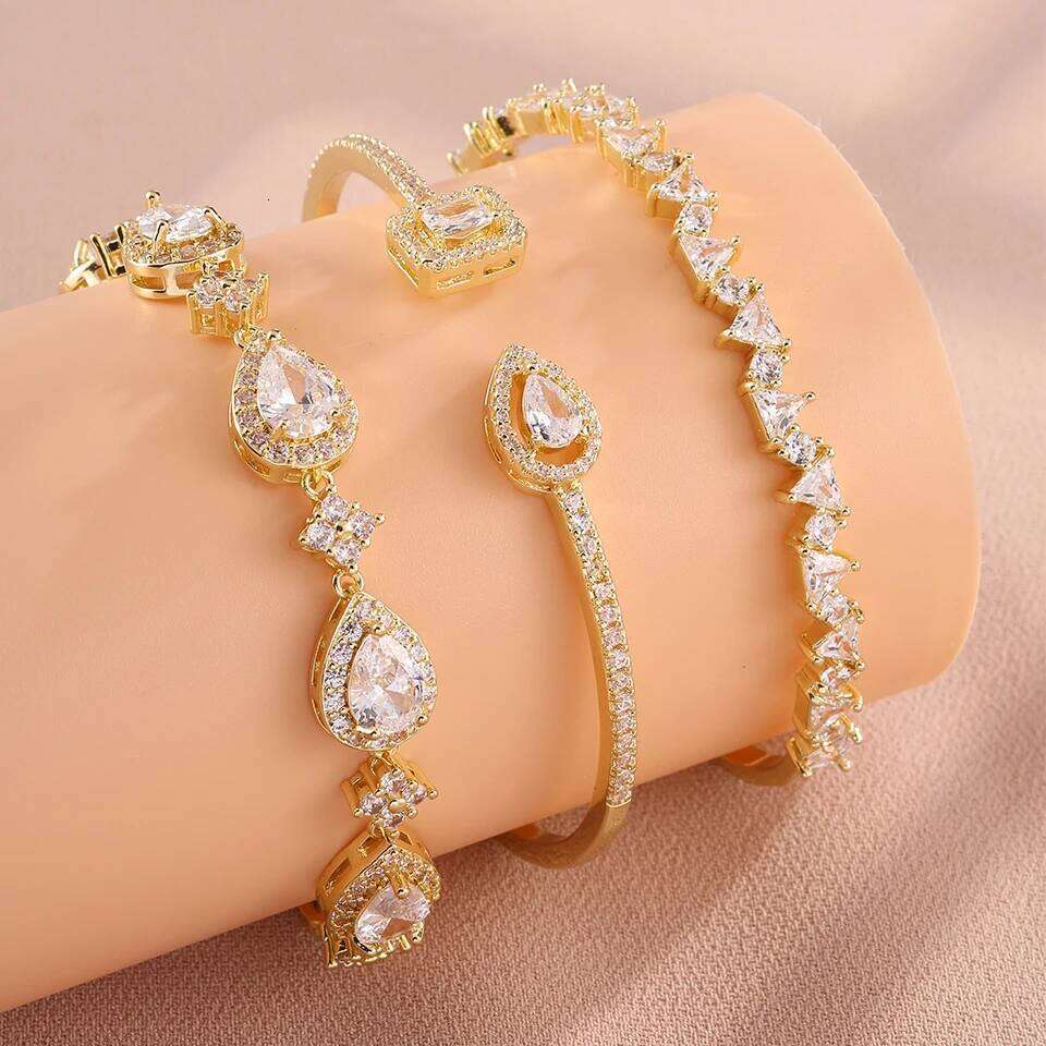 ZAKOL Classic Shiny Water Drop Zircon Adjustable Bracelet Bangles for Women Sliver Gold Color Aesthetic Bride Wedding Jewelry