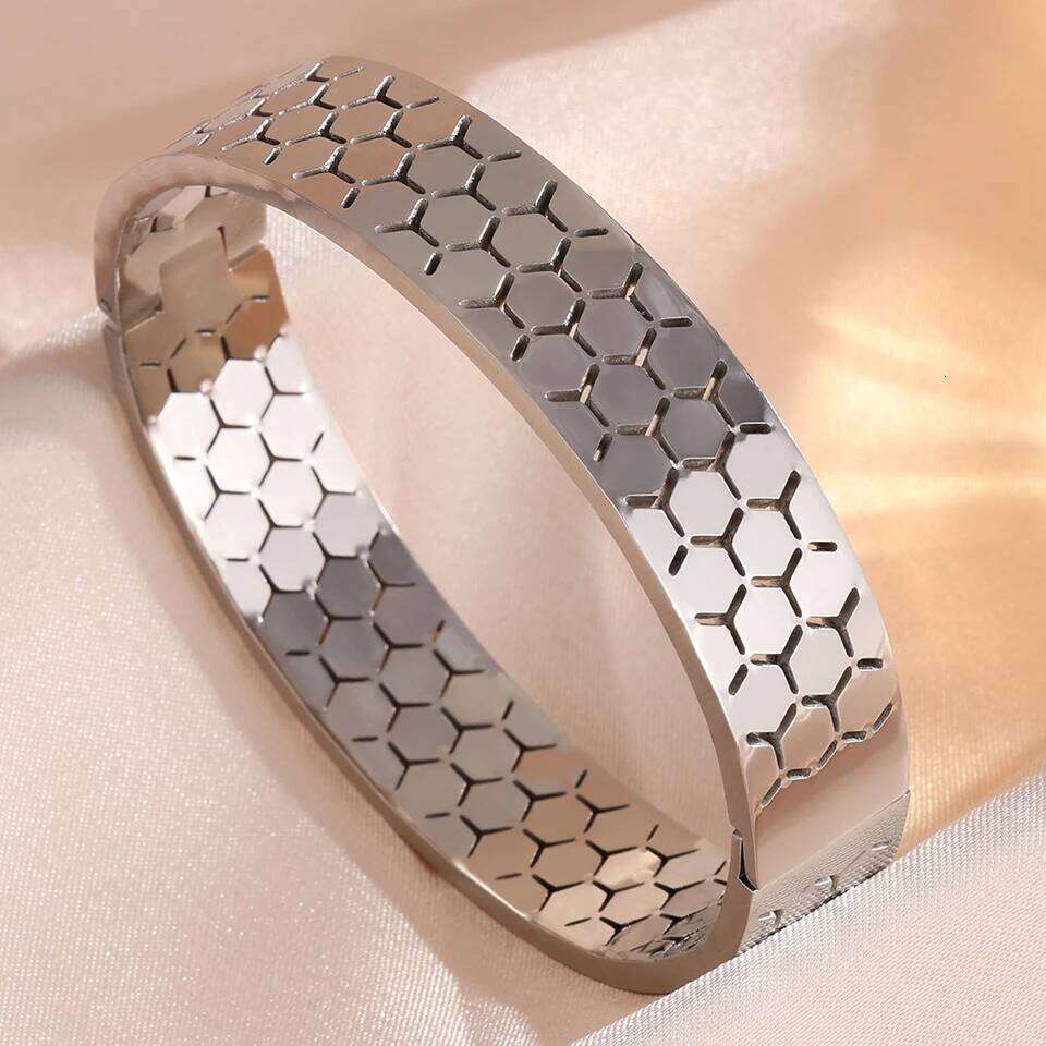 ZAKOL Geometric Hexagon Honeycomb Stainless Steel Bracelet for Women Fashion Waterproof Wide Bangle Party Jewelry