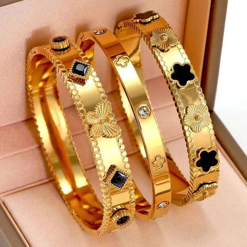ZAKOL 3Pcs/Set 3D Butterfly Flower Wide With Crystal Zirconia Golden Waterproof Stainless Steel Stackable Bracelet