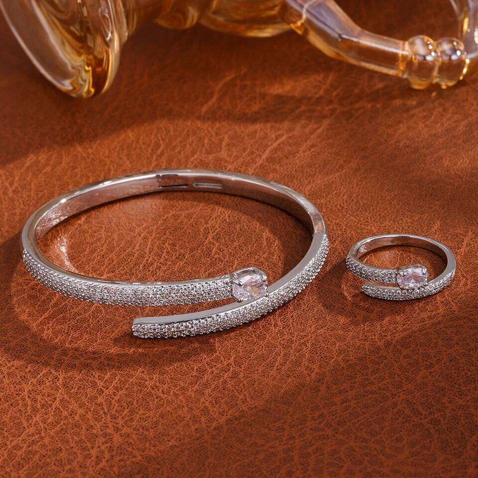 ZAKOL Trendy Elliptical Zircon Head Nail Shaped Open Bracelet Ring Set Saudi Arabia's Fashion Wedding Party Jewelry Accessory