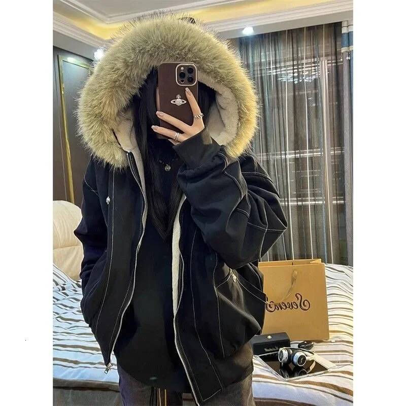 American Retro Autumn Winter Street Fur Collar Zipper Hooded Women New Velvet Thickened Warm Fashion Loose Casual Jacket