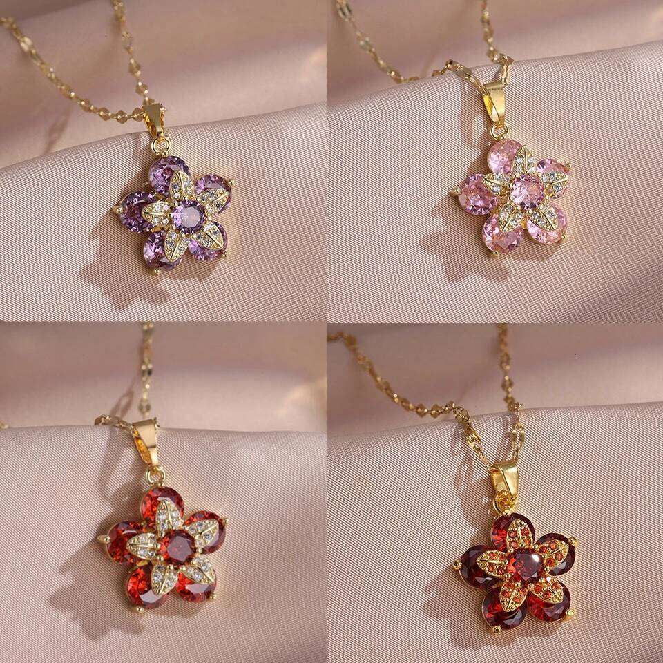 ZAKOL Rotable Flower Pendant Necklace Colorful Pink Crystal Zircon Stainless Steel Clavicle Chain Women's Accessories Gift