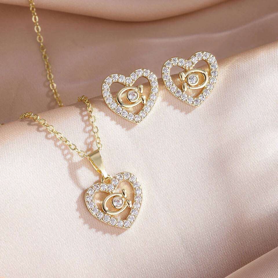 ZAKOL Gold/Silver Color Heart-Shaped Hollow out Zircon Inlaid Earrings And Necklace Set for Women Elegant Party Jewelry