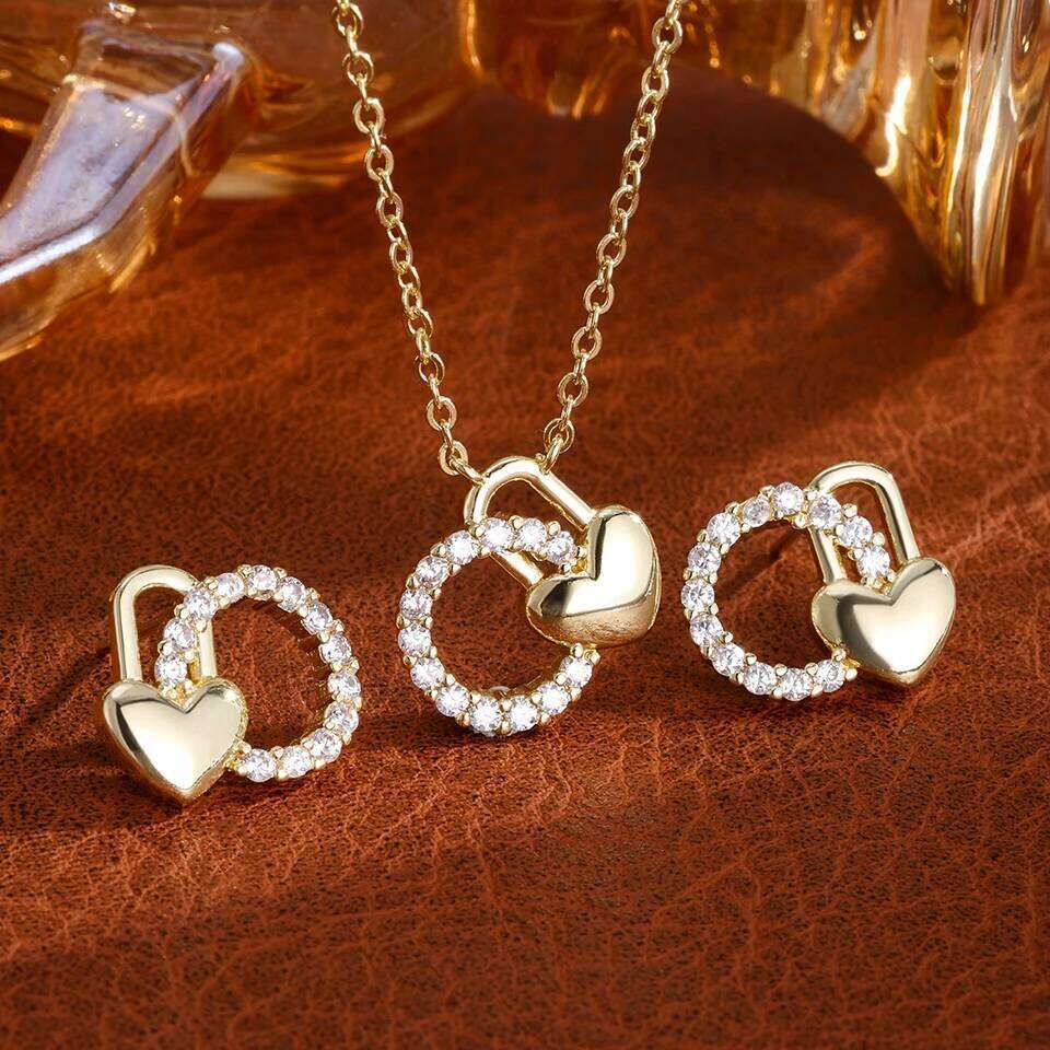 ZAKOL Gold/Silver Color Heart-Shaped Hollow out Zircon Inlaid Earrings And Necklace Set for Women Elegant Party Jewelry