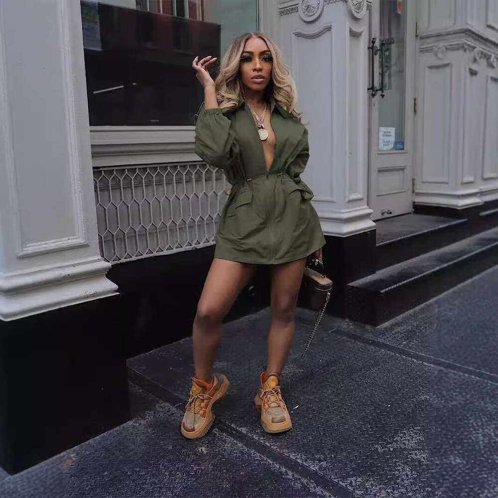 European American Spring and Autumn Drawstring Waist Mid-Length Trench Coat Women's Fashion Loose Casual Workwear Dress