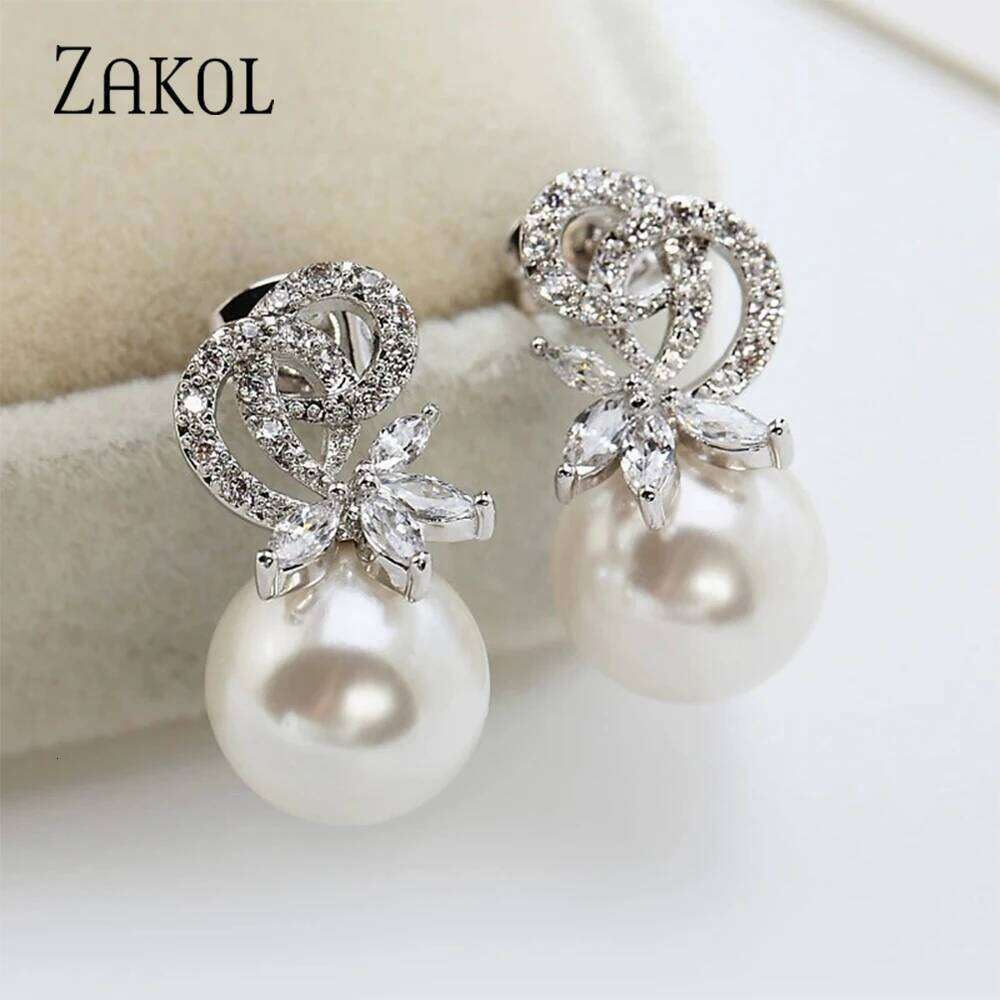 ZAKOL AAA Cubic Zirconia Round Imitation Pearl Earrings for Women Unique Fashion Wedding Jewelry