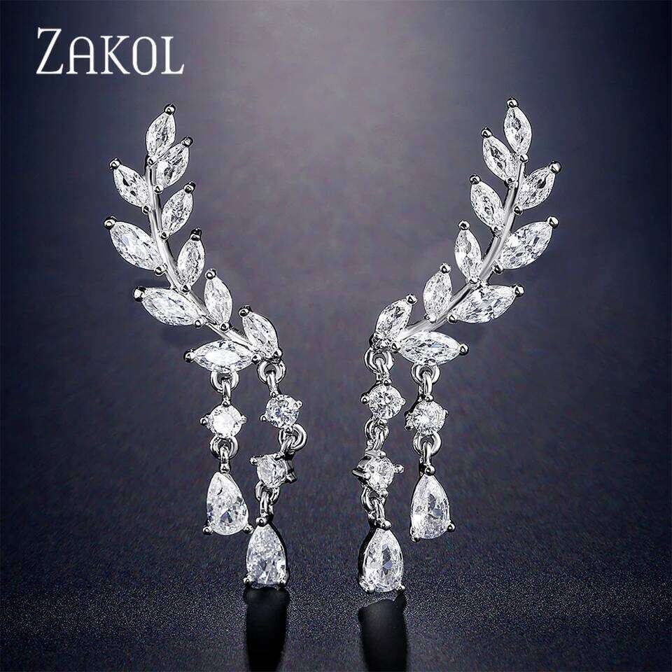 ZAKOL AAA CZ Crystal Zirconia Leaf Long Tassel Drop Earrings for Women Girl Fashion Wing Wedding Party Jewelry