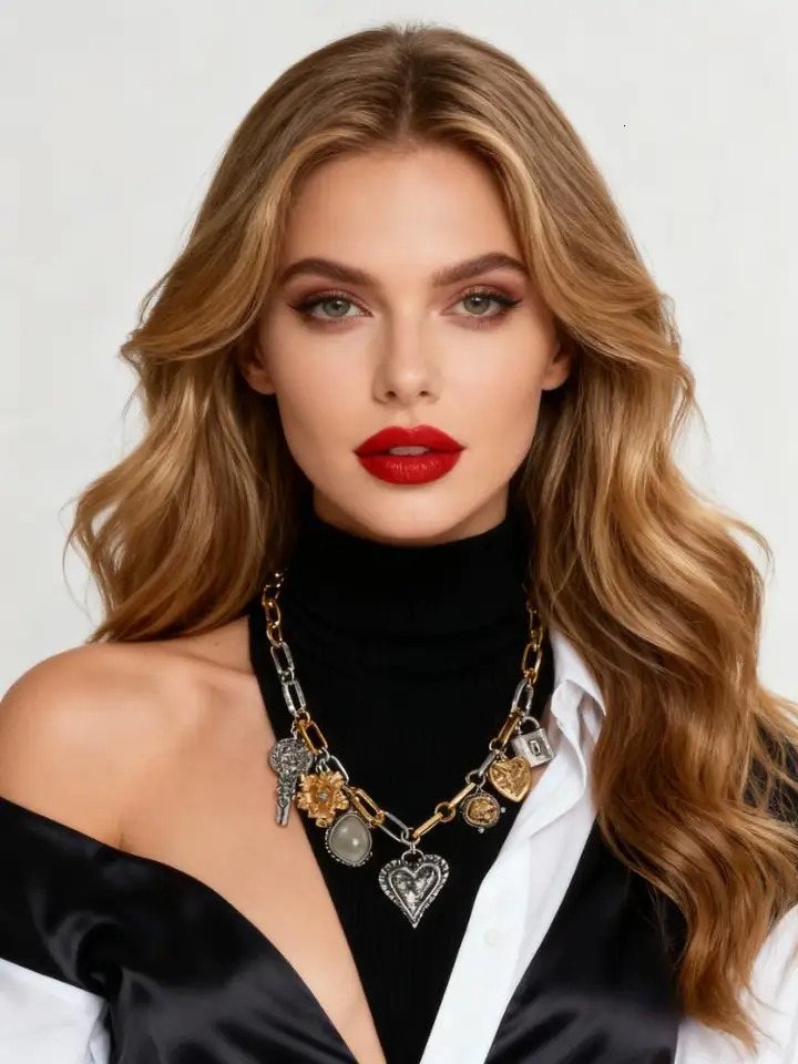 Vintage Mixed Metal Charm Necklace with Key Lock Heart Flower Stone Pendants Boho Statement Jewelry for Women Unique Retro 251223