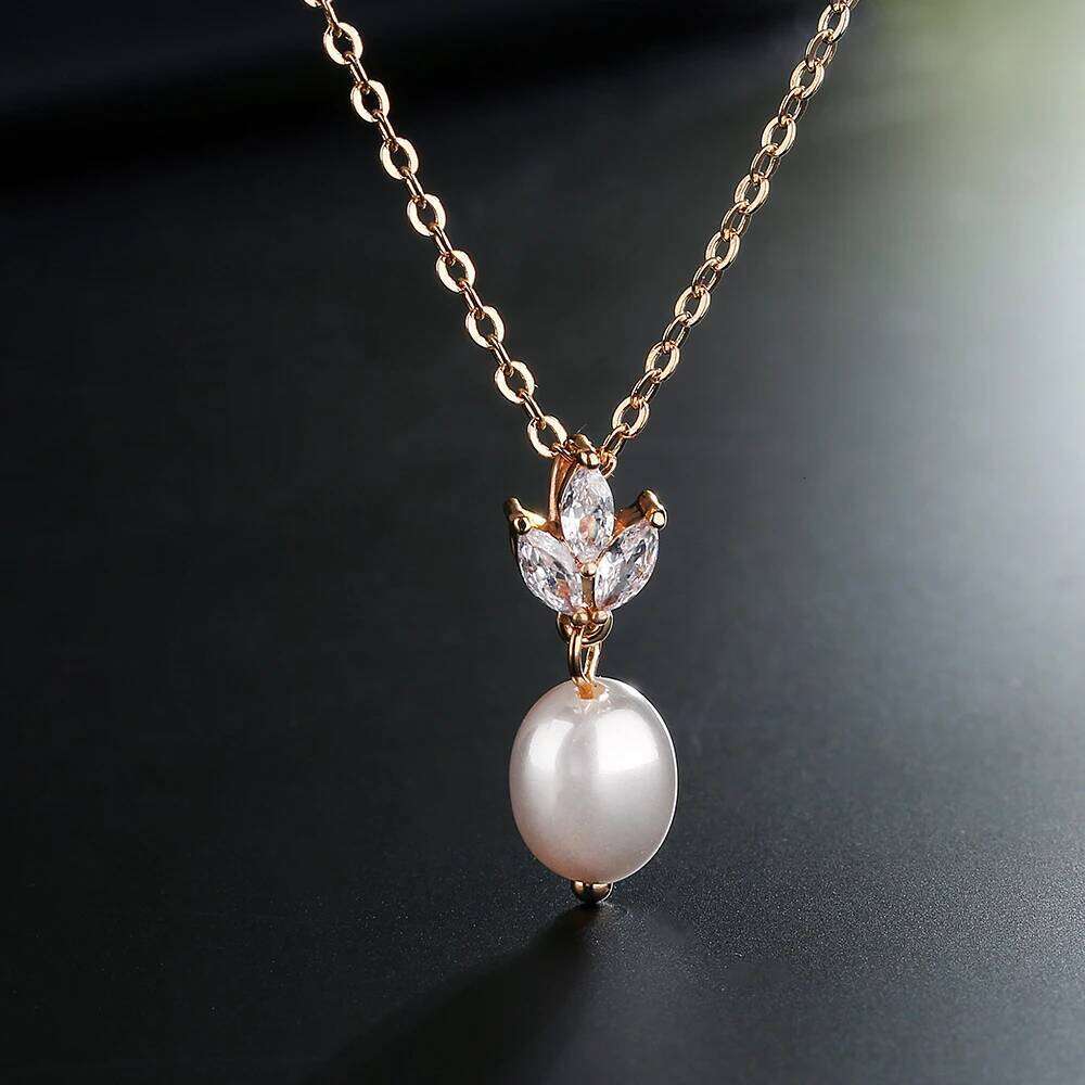 ZAKOL Fashion Leaf Shiny Zircon Pearl Drop Earring Necklaces Sets for Women Charming Wedding Jewelry Gift