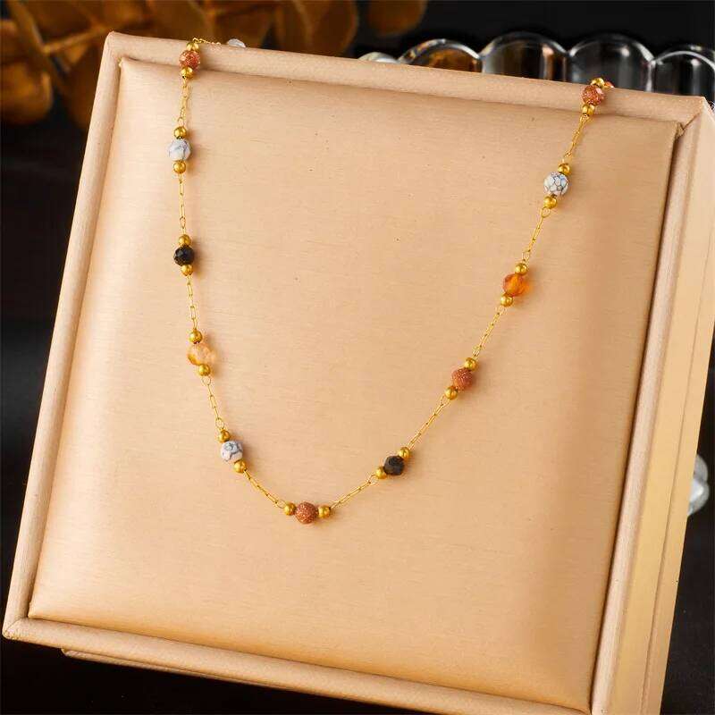 ZAKOL 316L Stainless Steel Natural Colored Beads Necklace Bracelet Bohemian Trend Non-fading Colorful Jewelry Set Gift