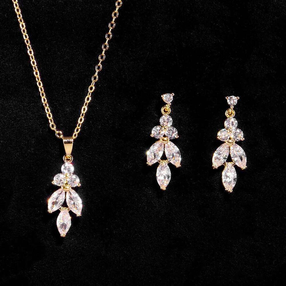 ZAKOL Classic AAA Cubic Zirconia Leaf Dangle Earrings&Necklace Set Sliver/Gold/Rose Gold Color Wedding Party Jewelry Accessories