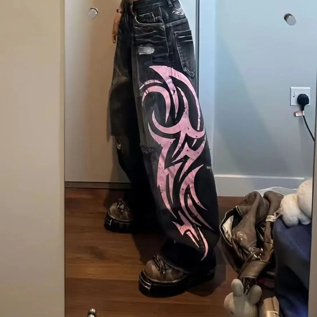 Y2K American Vintage Mottled Totem Print Baggy Jeans Womens High Waist Wide Leg Jeans Womens Harajuku Trendy Hip-hop Jeans 251217