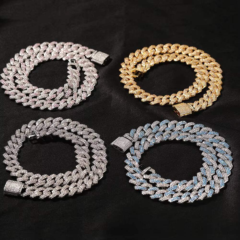 Best Selling 13mm Cuban Link Chain White Gold Chokers Necklace Bracelet Jewelry Hiphop Iced Prong Micro Trendy Geometric D color vvs moissanite