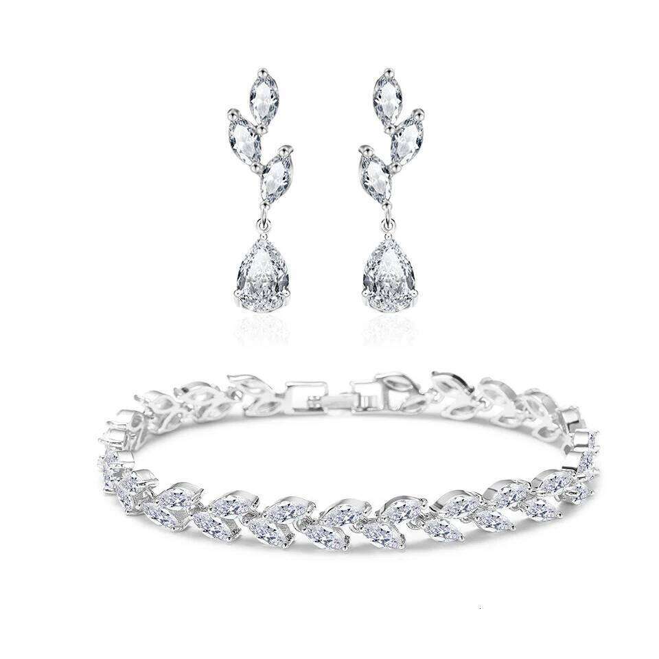 ZAKOL Brand Leaf Marquise Zircon Charm Bracelet Water Drop CZ Earrings Luxury Wedding Jewelry Set Gift For Women