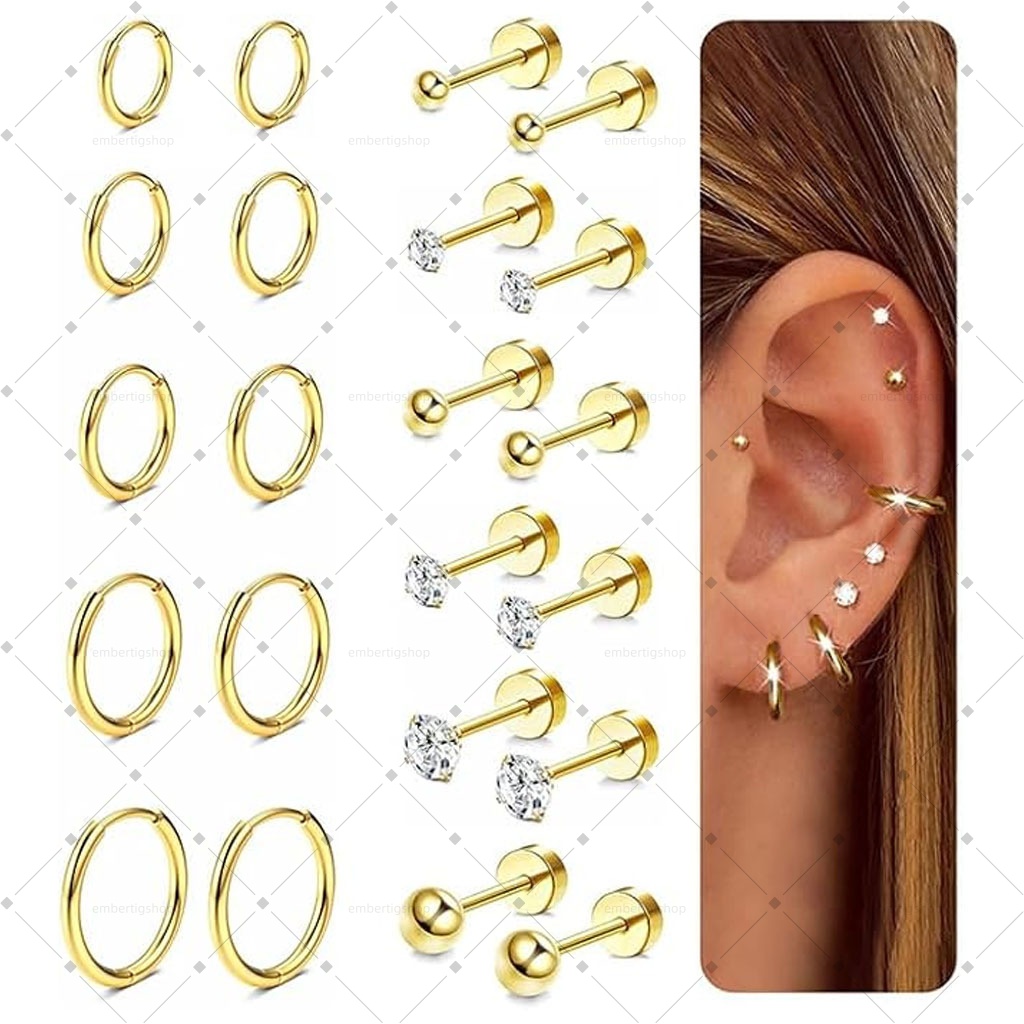 designer earrings moissanite earrings 9-14 Pairs Hypoallergenic 20G Surgical Steel Flat Back Stud for Women Stacks Hoop Cartilage Earrings Set Piercin