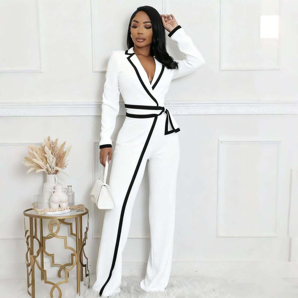 European American Cross-Border Amazon Fashion Women's Autumn and Winter Belt Design Two-Tone Patchwork Long Sleeve Jumpsuit