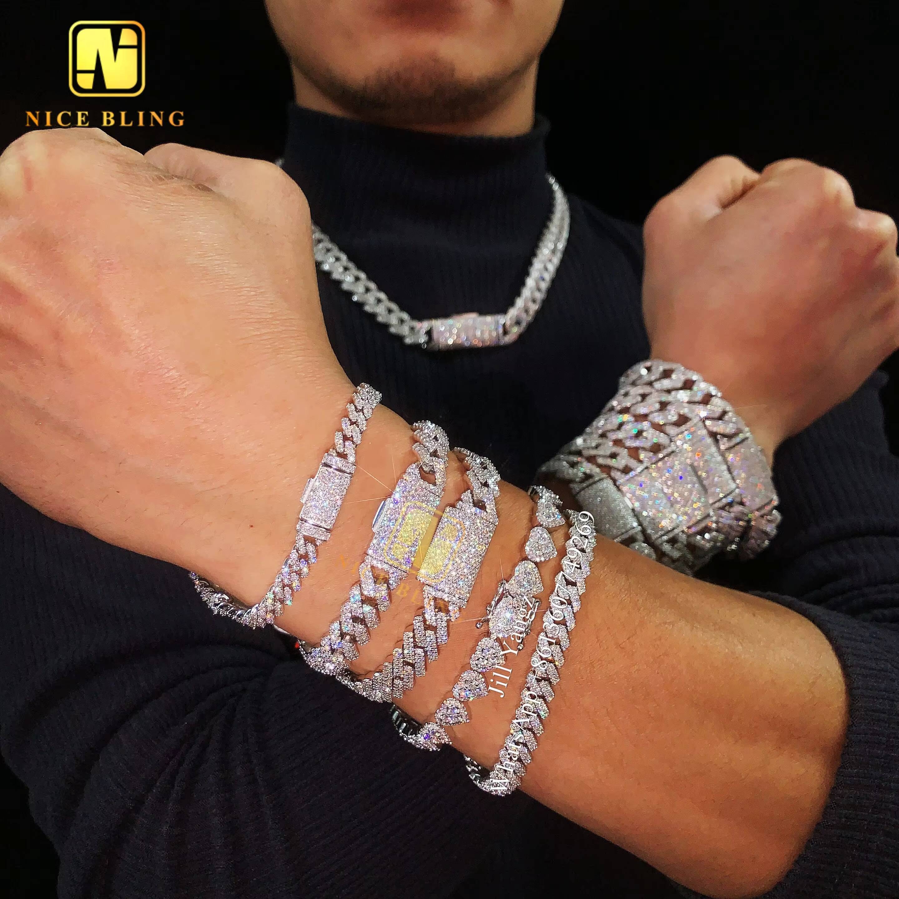 Nice Bling Jewelry Affordable Moissanite Cuban Bracelet Ready Stock 6mm to 14mm Hip Hop Rock Moissanite Cuban Chain 925 Silver
