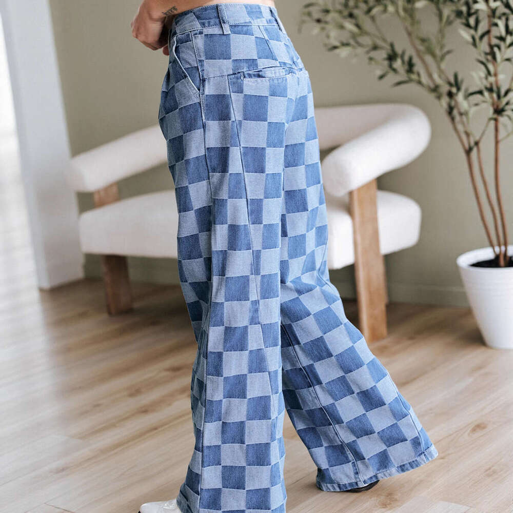 European American Style Trendy Checkerboard Print Jeans Spring and Autumn New High Waist Loose Wide Leg Pants for Women