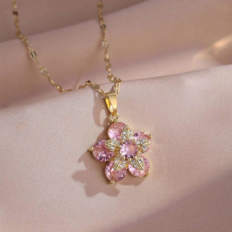 ZAKOL Rotable Flower Pendant Necklace Colorful Pink Crystal Zircon Stainless Steel Clavicle Chain Women's Accessories Gift