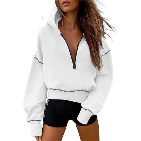 Amazon European and American Autumn Winter New Women's Sweatshirt Hoodie Long Sleeve Half Zipper Short Fashion Casual