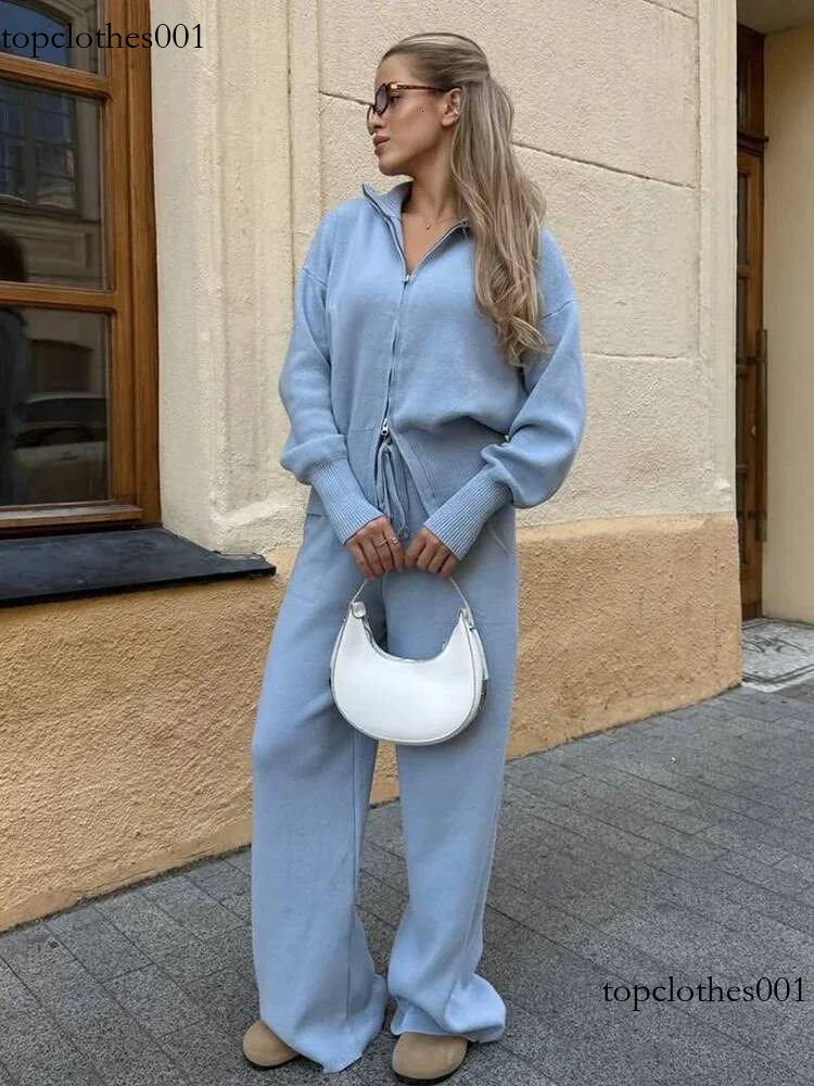 Light Blue Zipper Hoodie Top Suit Women Fashion Solid Knitted Full Sleeve Straight Leg Pants Set 2025 Office Commute Wear