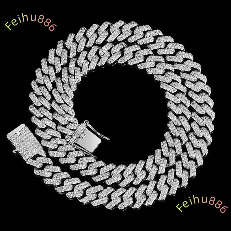 Hip Hop Mens 12mm Gold Prong Cubic D color vvs moissaniteia Claw Setting Fine Jewelry Iced Out Cuban Link Chain Necklace for Gifts