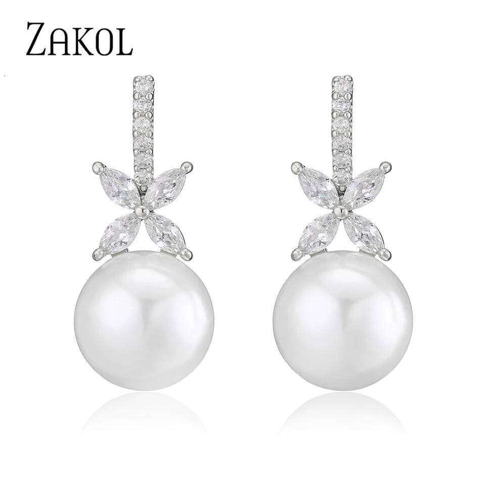 ZAKOL 2 Pcs Exquisite Zircon Imitation Pearl Earrings for Women Bridal Elegant Sparkling Crystal Charm Wedding Jewelry