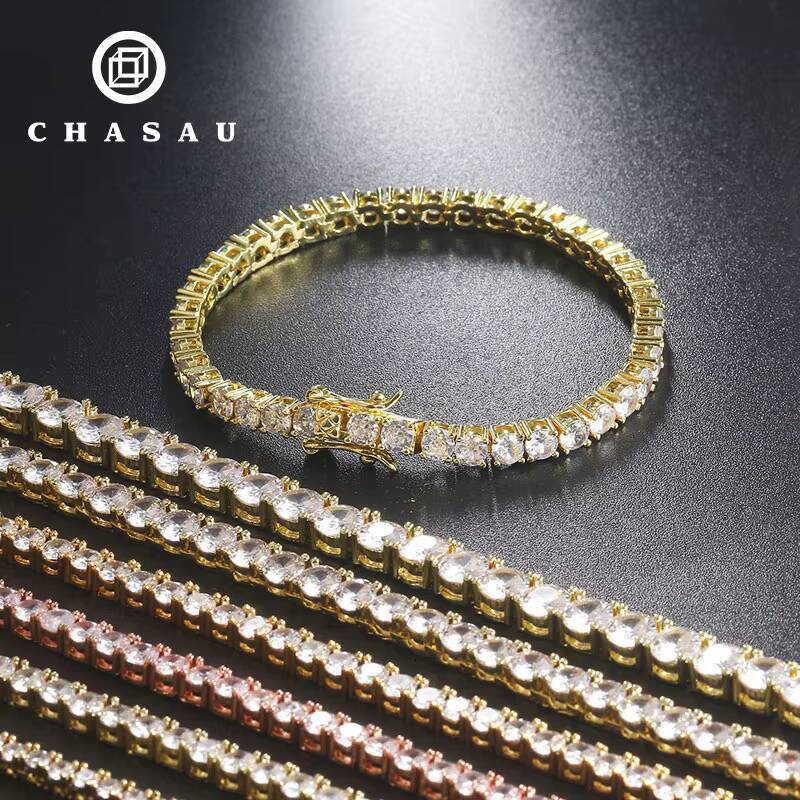 Hip Hop Men Jewelry White 14k Gold Plated 925 Sterling Silver Cluster Moissanite 3mm Tennis Chain Bracelet for Women