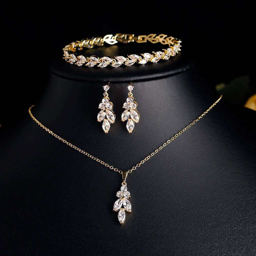 ZAKOL 3Pcs/Set Luxury Zirconia Leaf Bridal Wedding Jewelry Set Buling Clear Crystal Earring&Necklace&Bracelet Party Accessories