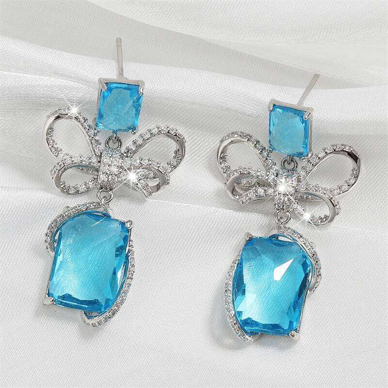 ZAKOL Exquisite Handmade Inlaid Zircon Bow Butterfly Dangle Earrings for Women Big Pink Blue Crystal CZ Wedding Party Jewelry