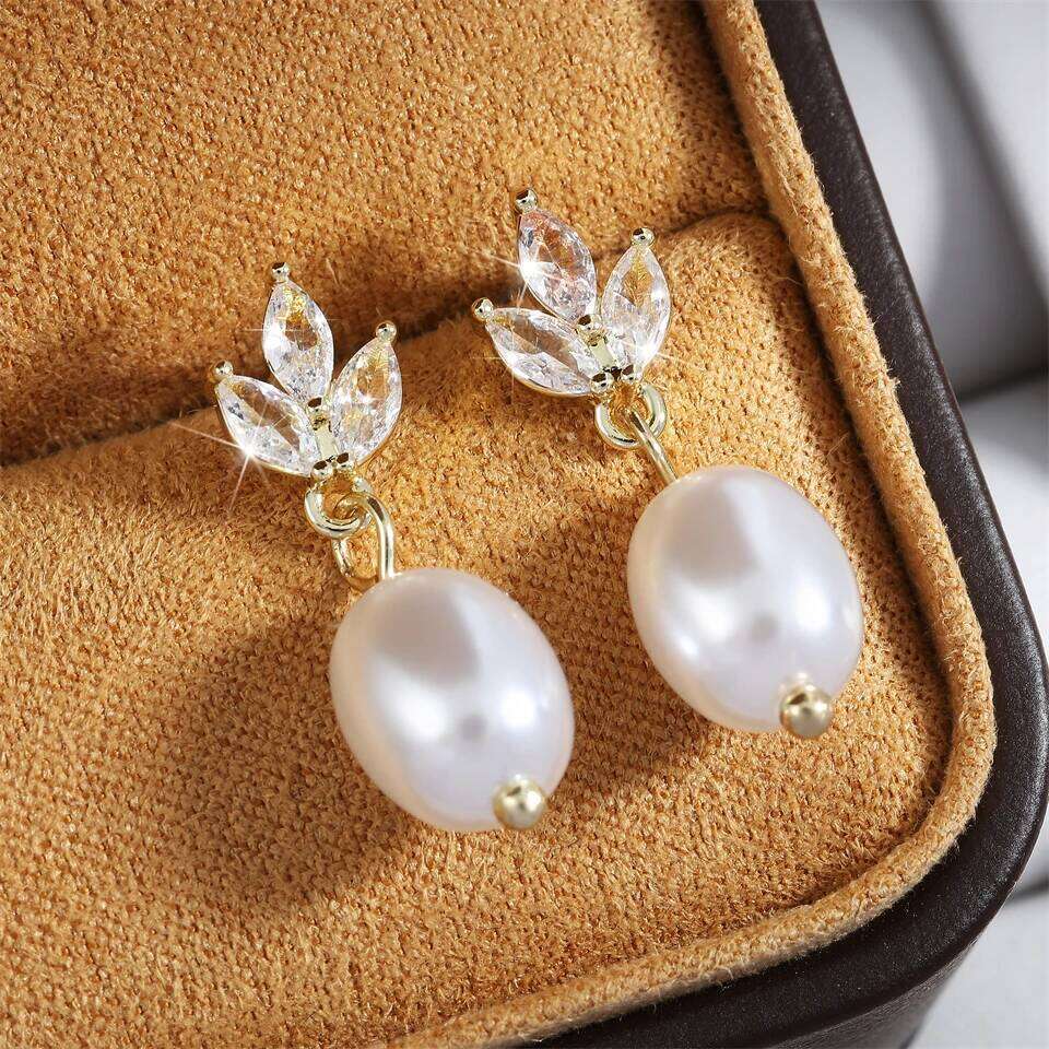 ZAKOL Fashion Leaf Shiny Zircon Pearl Drop Earring Necklaces Sets for Women Charming Wedding Jewelry Gift