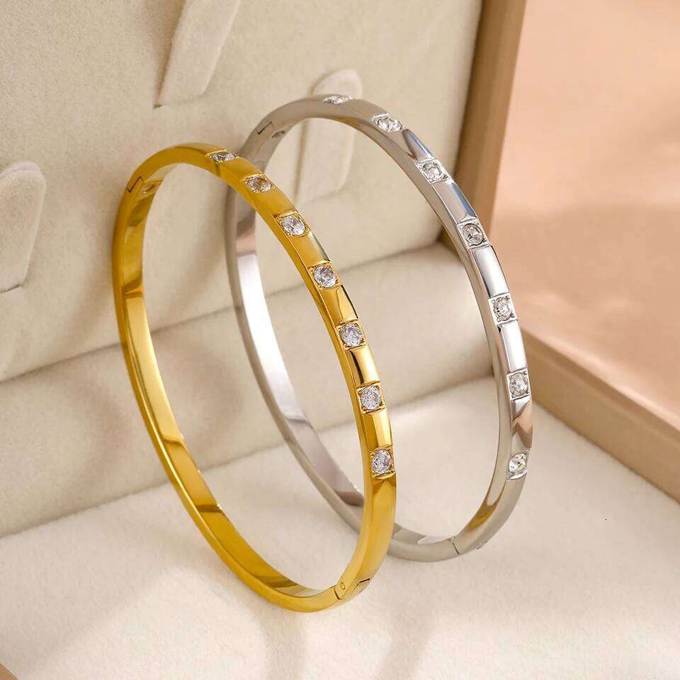 ZAKOL 1Pcs Minimalist Stainless Steel Bracelet With Square Zircon Set Versatile Stacking Jewelry for Women Creative Gift