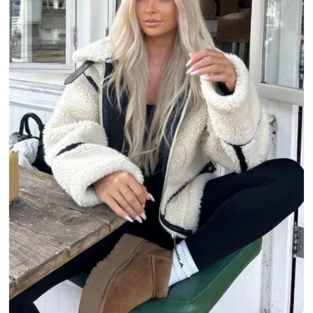 Autumn/Winter Patchwork Fluffy Jacket European/American Style Casual Lamb Wool Warm New Fashion Zipper Pocket Women's Coat