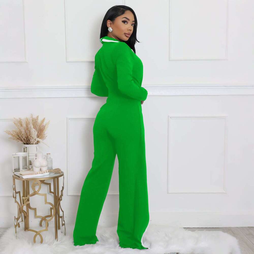European American Cross-Border Amazon Fashion Women's Autumn and Winter Belt Design Two-Tone Patchwork Long Sleeve Jumpsuit