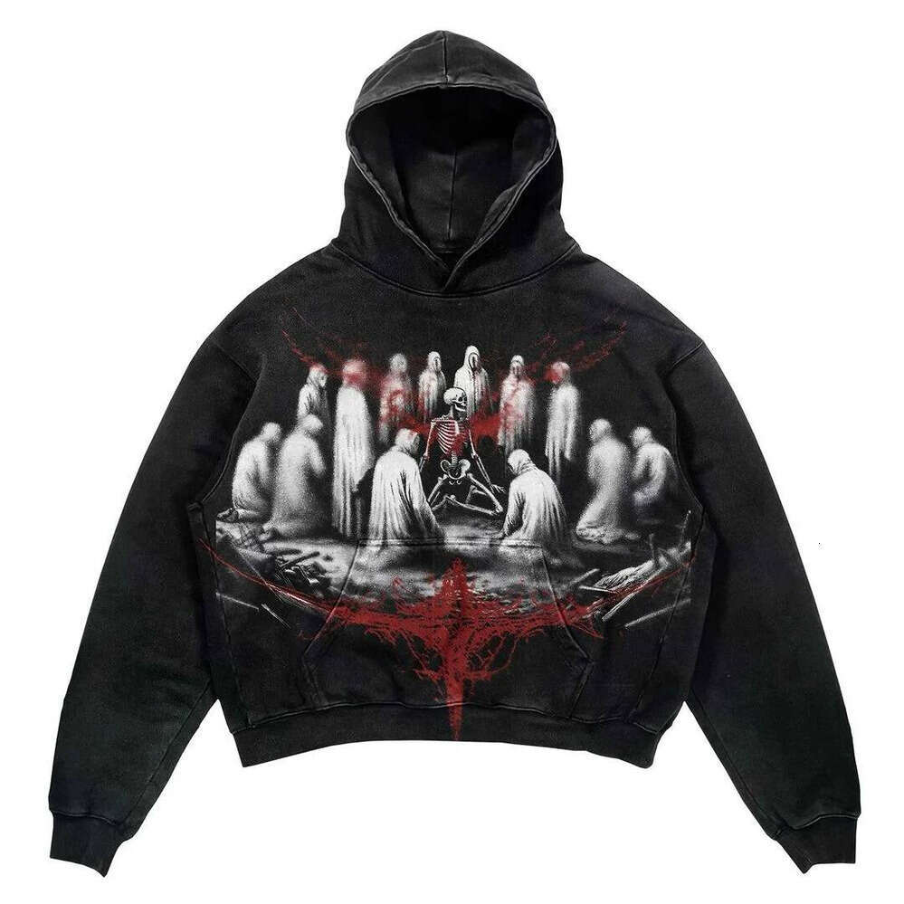 Y2K Gothic style skull print hooded pullover pure cotton sweatshirt for men and women niche personality loose daily jacket top Zhehan
