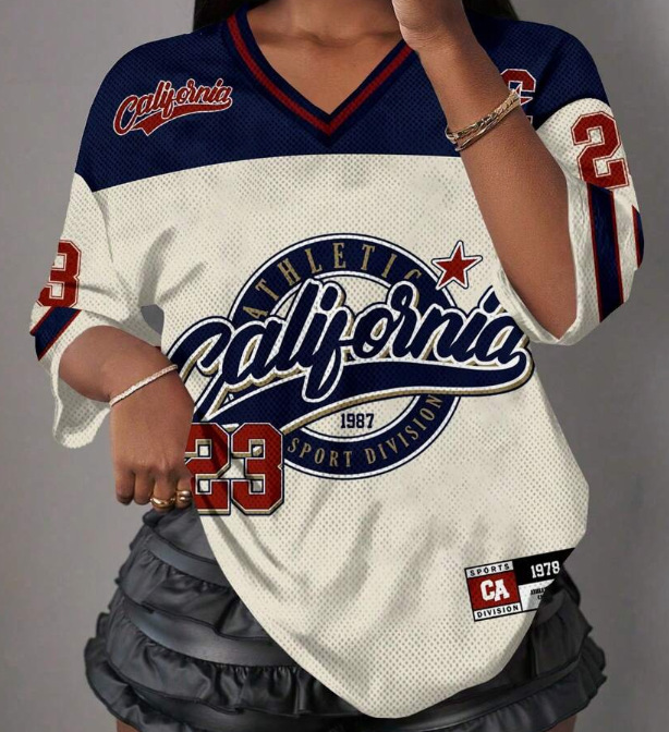 2026 European & American Sporty Style Tomboy American Vintage Jersey. Loose Fit, Streetwear, V-neck Short Sleeve T-shirt Top.