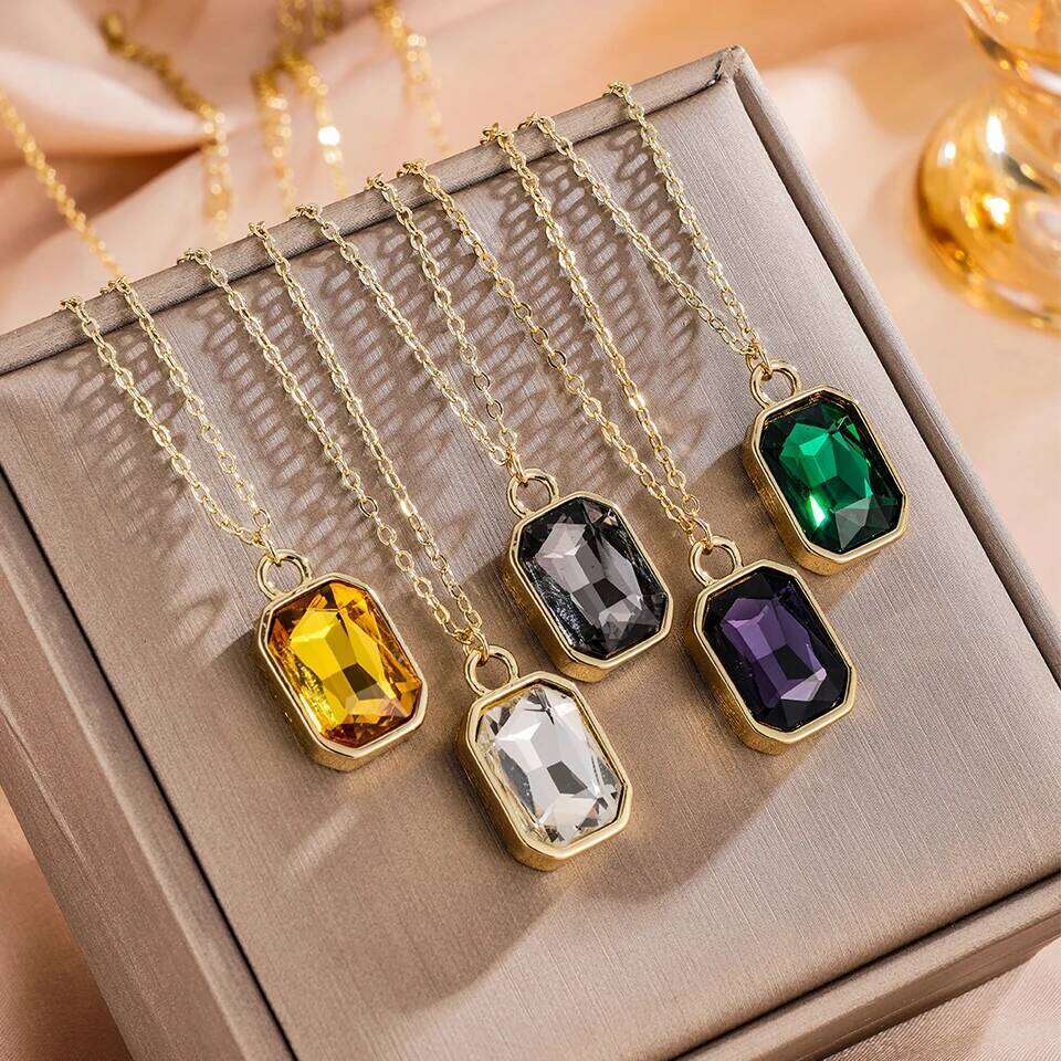 ZAKOL Green Purple Big Square Crystal CZ Pendant Necklace for Women Gold Color Chain Neckalces Collar Jewelry Gift