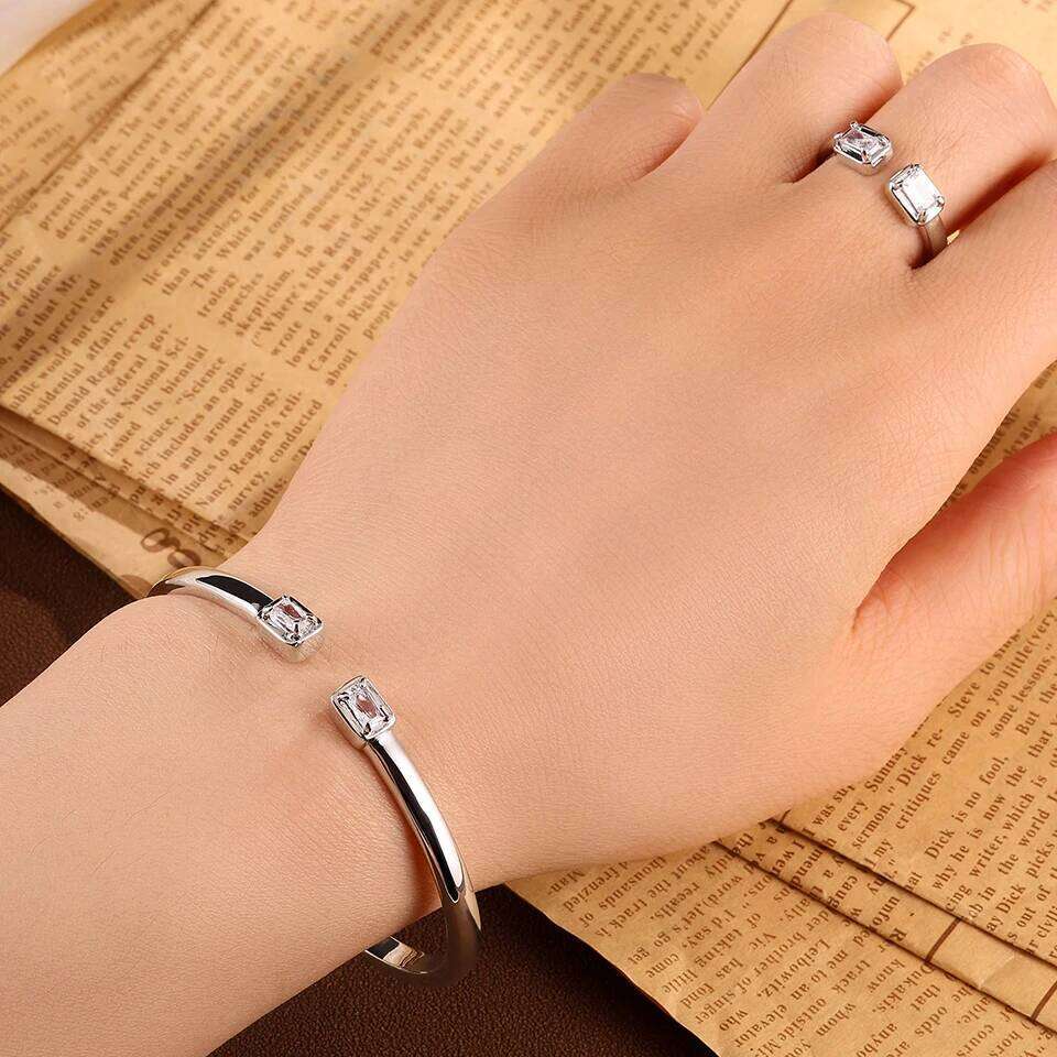 ZAKOL Classic 2pcs Set Two Square-shaped Open Ring Bracelets Fashion Wedding Party Daily Jewelry for Women