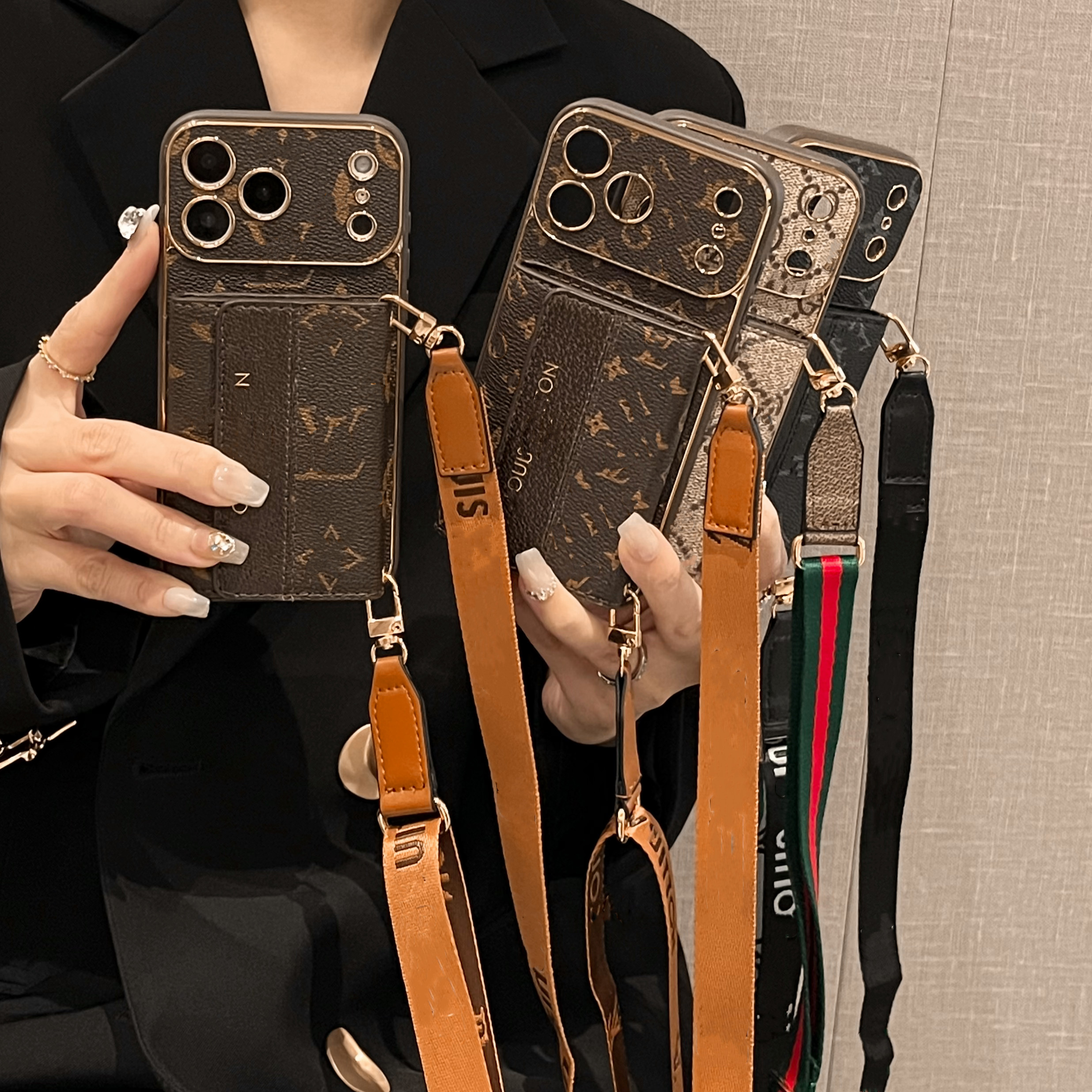 Women Crossbody Phone Case Designer iPhone Case for iPhone 17 Pro Max 16 Pro Max 15 14 13 12 11 16 Plus 15 Plus Case Card Slot Card Holder Leather Wallet Case Straps Lanyard