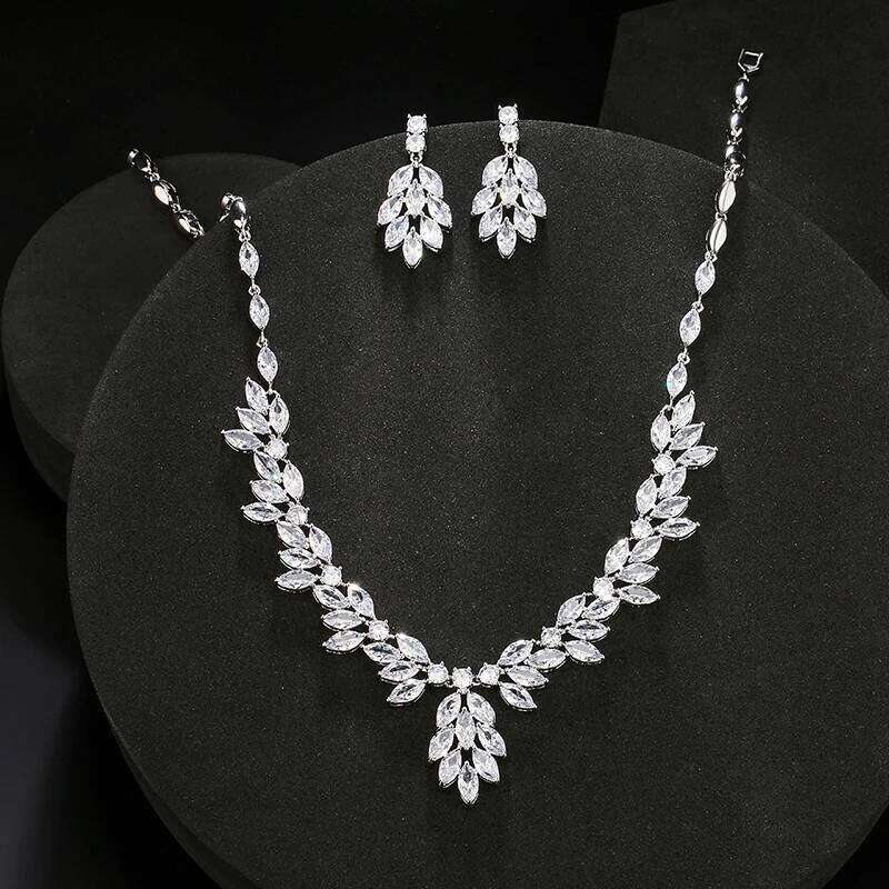 ZAKOL Brand Sliver Color AAA Zirconia Bridal Jewelry Sets Luxury Flower Leaf Clear Zircon Earring Necklaces for Women