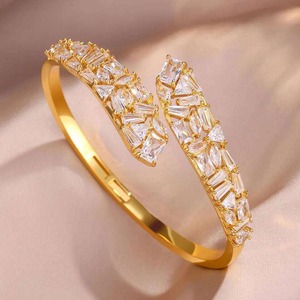 ZAKOL Shiny Brilliant Zircon Cross Leaves Open Bracelet for Women Luxury Elegant Dubai Bride Jewelry Accessories Party Gift