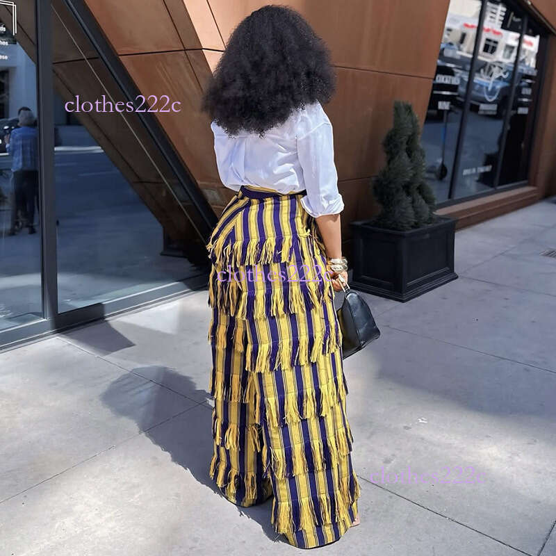 Women's New Fashion Striped Tassel Slim Fit Color-Block Wide-Leg Long Casual Pants Luanyun